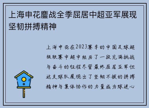上海申花鏖战全季屈居中超亚军展现坚韧拼搏精神 上海申花鏖战全季屈居中超亚军展现坚韧拼搏精神